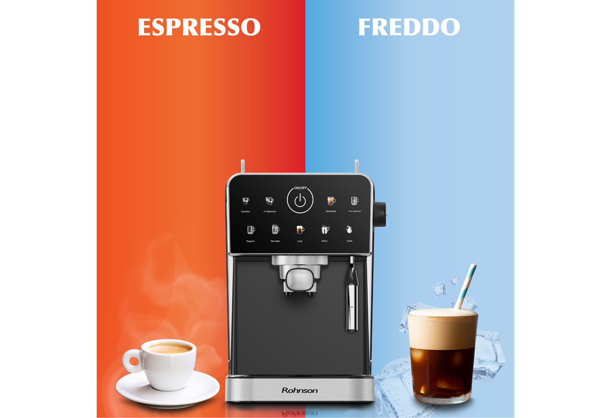 Παρουσιάζονται ένας ζεστός espresso και ένας κρύος Nescafe δίπλα από τη μηχανή.